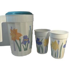 PackerWare Vintage 2 QT‎ Floral Pitcher Made in USA 2 Water Cups